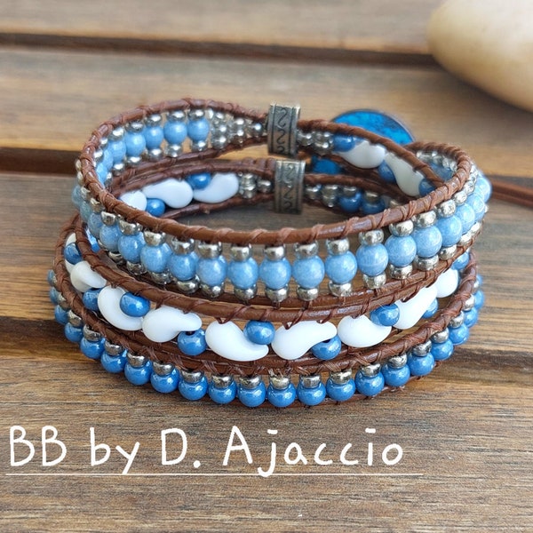 Wrap Bracelet en cuir et perles de verre,Manchette BB by D. style Bohème,Hippie Blue jean's. Boho Leather Wrap Bracelet Made in France