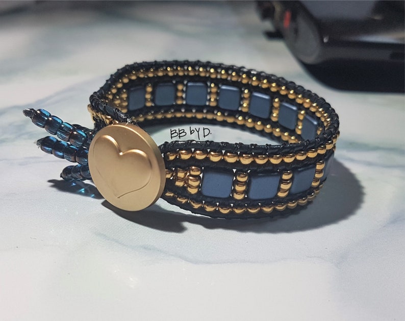 Tile beads and miyuki boho style Multi-row wrap bracelet in leather and Miyuki pearls gilded in fine gold 24kt blue and gold