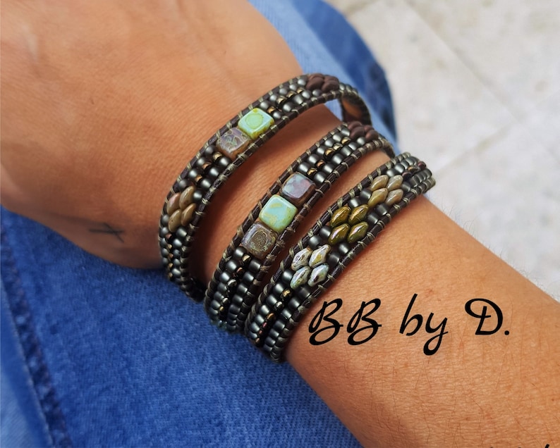 brown cuff wide green grey Leather wrap and rockery beads Boho Leather Wrap Bracelet Made in France
