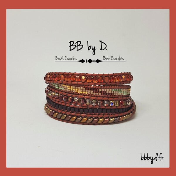 Wrap bracelet in Leather and Glass Beads, boho style, Hippie. Multi-round cuff Red Paprika. Miyuki superduo boho leather bracelet