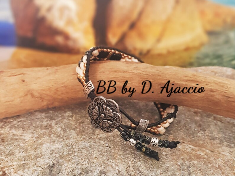 silver black picasso Superduo leather cuff bracelet Boho leather wrap black leather bracelet Gold bracelet wrap