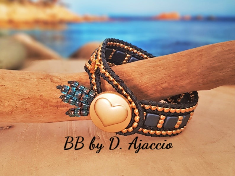 Tile beads and miyuki boho style Multi-row wrap bracelet in leather and Miyuki pearls gilded in fine gold 24kt blue and gold
