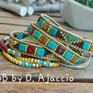 Bracelet wrap 4 tours, cuir doublé,perles de verre,rocailles miyuki.Manchette bohème turquoise, bordeaux picasso.Boho leather wrap bracelet image 8