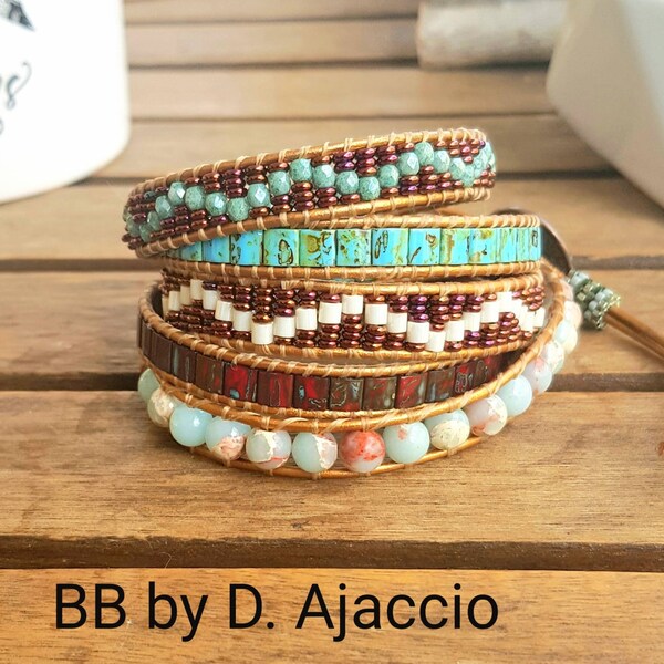 Bracelet manchette en perles de Jaspe. Bracelet wrap x5 en cuir. Manchette Miyuki, Tila Beads.  Boho Leather Wrap Bracelet. Bracelet Picasso