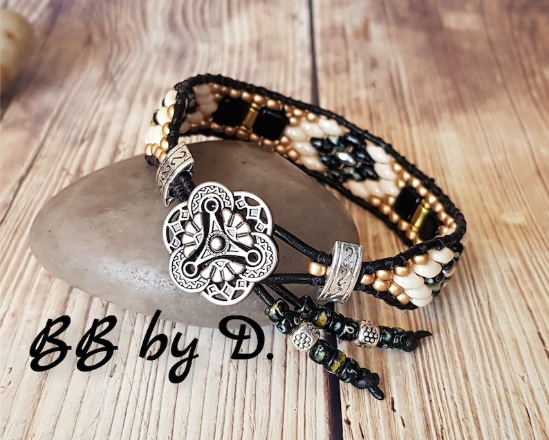 silver black picasso Superduo leather cuff bracelet Boho leather wrap black leather bracelet Gold bracelet wrap