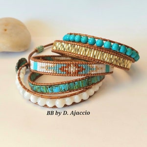 Bracelet wrap en perles de Nacre. Manchette Tila Miyuki turquoise, blanc, doré, style bohème pour femme. Boho Leather beaded Wrap Bracelet. image 9