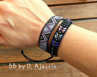 Wrap bracelet 2 turns, leather, SuperDuos and Miyuki pearls. Ethnic style cuff in pearls. Boho leather wrap bracelet black, purple