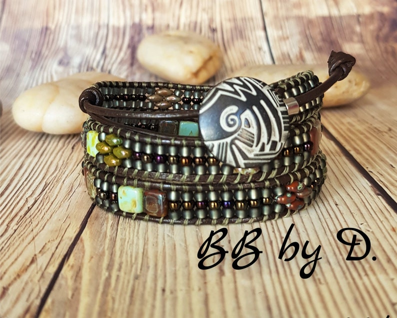 brown cuff wide green grey Leather wrap and rockery beads Boho Leather Wrap Bracelet Made in France