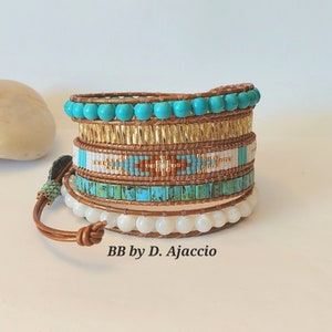 Bracelet wrap en perles de Nacre. Manchette Tila Miyuki turquoise, blanc, doré, style bohème pour femme. Boho Leather beaded Wrap Bracelet. image 3