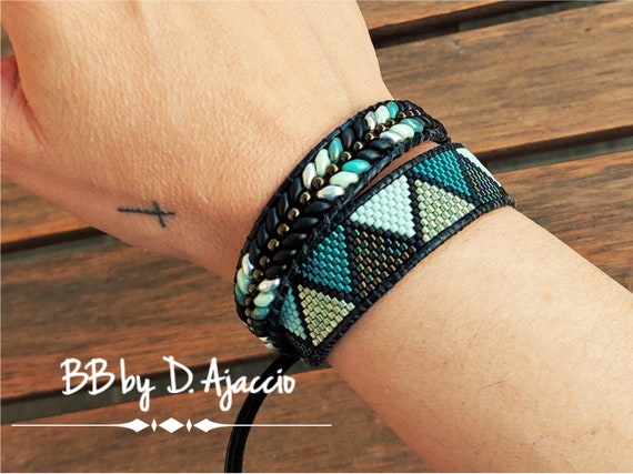 leather SuperDuos and Miyuki pearls green Wrap bracelet 2 turns Boho leather wrap bracelet black Ethnic style cuff in pearls blue