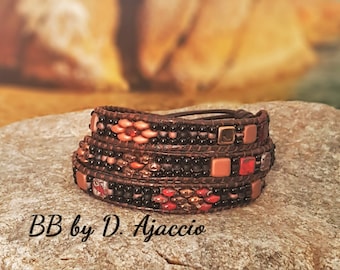 Wrap Bracelet in leather and seed beads, superduo, miyuki, Wide cuff in burgundy, bronze, brown. Boho Leather Wrap Bracelet