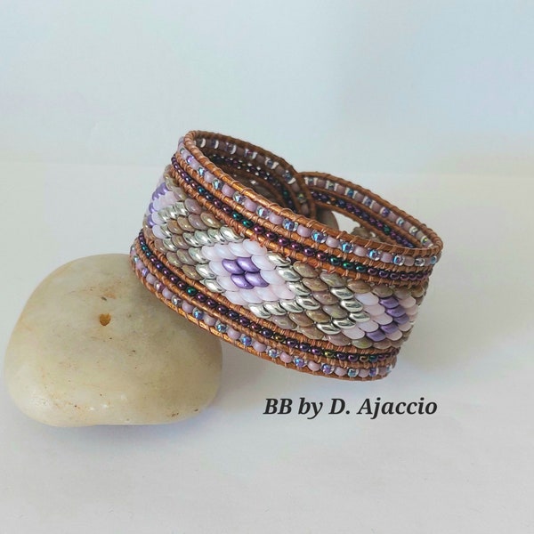 Superduo pearl bracelet. Wide multi-row leather cuff. Boho leather beaded wrap bracelet. Wide bracelet style Southwest, boho