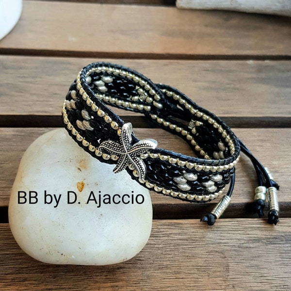 Multi-row Wrap bracelet in Superduo pearls. Boho cuff in leather and Miyuki beads, black, silver. Boho leather beaded wrap bracelet.