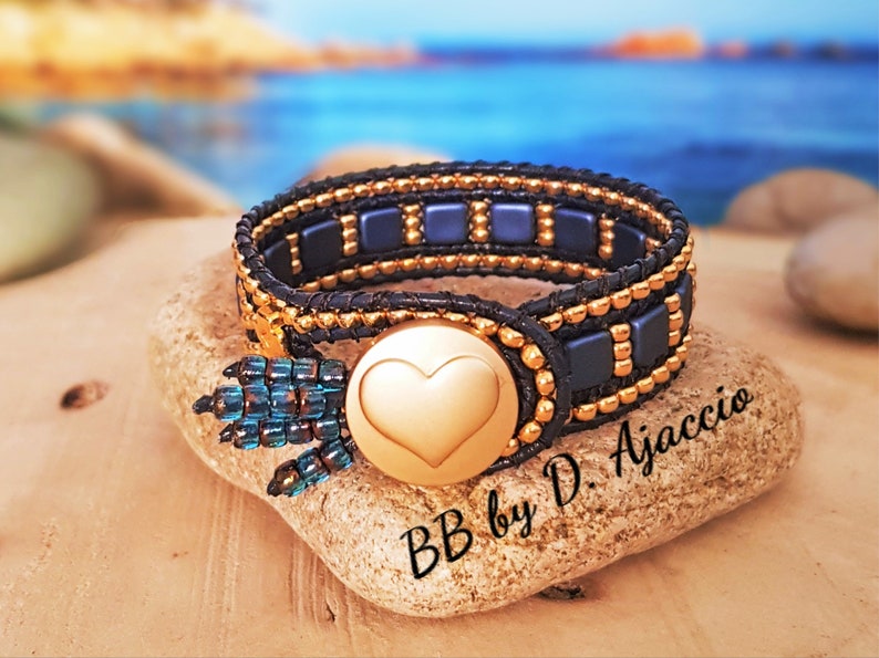 Tile beads and miyuki boho style Multi-row wrap bracelet in leather and Miyuki pearls gilded in fine gold 24kt blue and gold