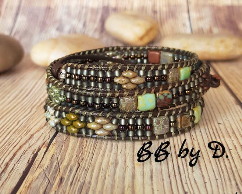 brown cuff wide green grey Leather wrap and rockery beads Boho Leather Wrap Bracelet Made in France