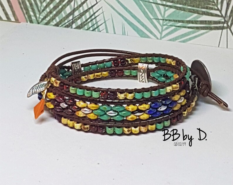Cuff Bracelet in Picasso glass beads Bracelet Wrap Picasso leather Picasso SuperDuos and seed beads Boho leather wrap bracelet made in France