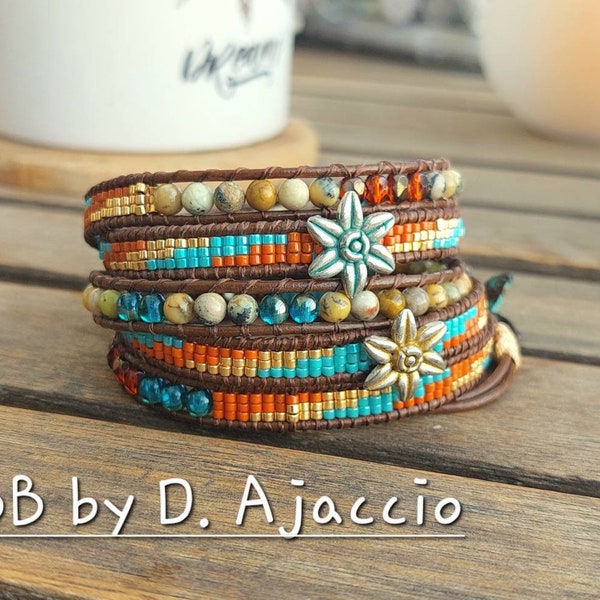 Bracelet wrap in Jasper pearls. Turquoise cuff, gold in Miyuki pearls and leather, bohemian chic style. Boho leather beaded wrap bracelet