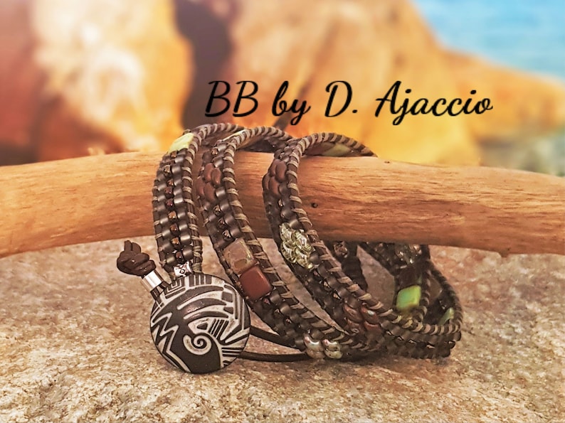 brown cuff wide green grey Leather wrap and rockery beads Boho Leather Wrap Bracelet Made in France