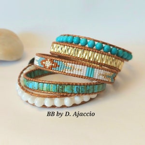 Bracelet wrap en perles de Nacre. Manchette Tila Miyuki turquoise, blanc, doré, style bohème pour femme. Boho Leather beaded Wrap Bracelet. image 8