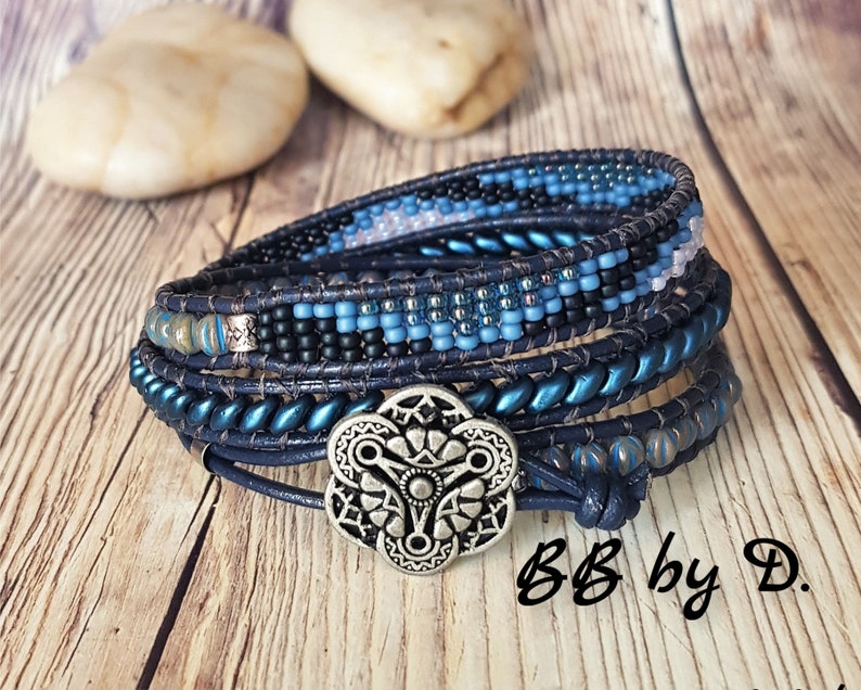 Boho leather beaded bracelet pearl beads Blue wide cuff in pearls Blue leather wrap bracelet miyuki beads superduo