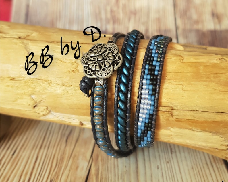 Boho leather beaded bracelet pearl beads Blue wide cuff in pearls Blue leather wrap bracelet miyuki beads superduo