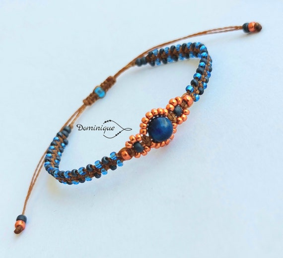 Blue Macrame Cuff Bracelet With Tiger Eye Macrame Bracelet 