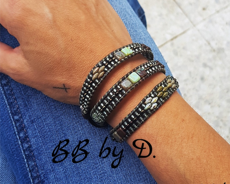 brown cuff wide green grey Leather wrap and rockery beads Boho Leather Wrap Bracelet Made in France