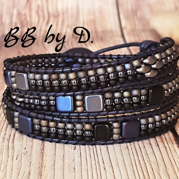 Wrap Bracelet mixte en cuir et perles de rocaille,Manchette large noir, bleu, bronze. Boho Leather Wrap Bracelet Made in France