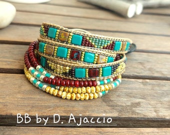 Bracelet wrap 4 turns, lined leather, glass beads, miyuki rockeries. Turquoise boho cuff, burgundy picasso. Boho leather wrap bracelet