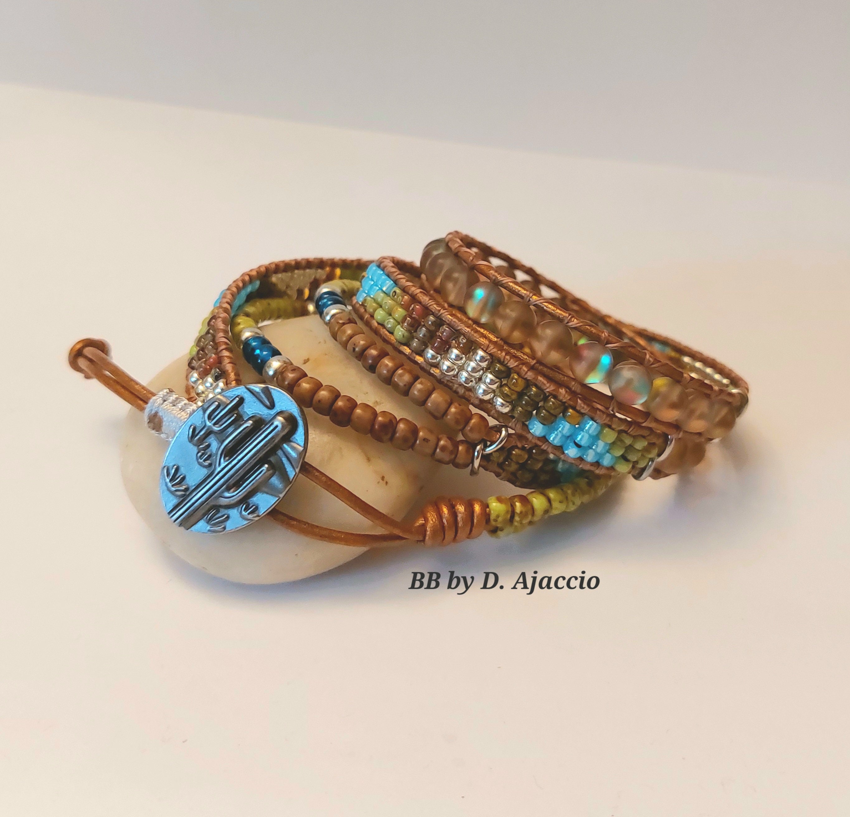 Glass 2-Hole Tile & Stacked Picasso Seed Bead Double Wrap Bracelet Kit  (Matte Beige/Brown Tiles & Picasso)