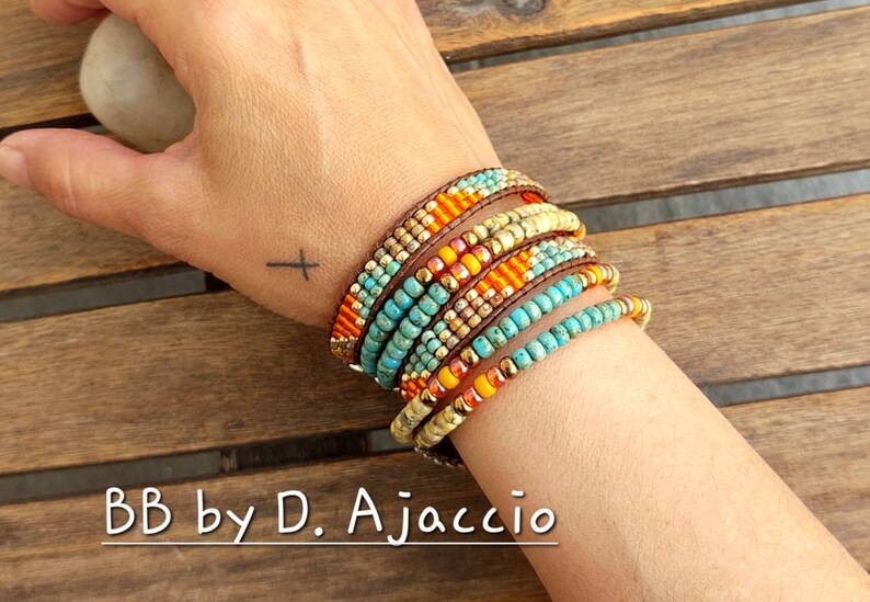 Wrap strap in leather orders and pearls Miyuki Picasso turquoise, orange. Boo cuff in pearls. Boho leather beaded bracelet Southwest Style