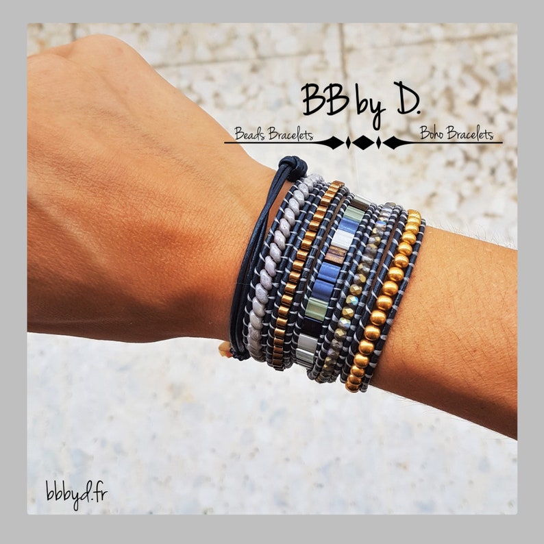 Glass beads and Leather Wrap bracelet Hippie boho Boho Leather Wrap Bracelet MULTISTRAND gray blue and gold cuff