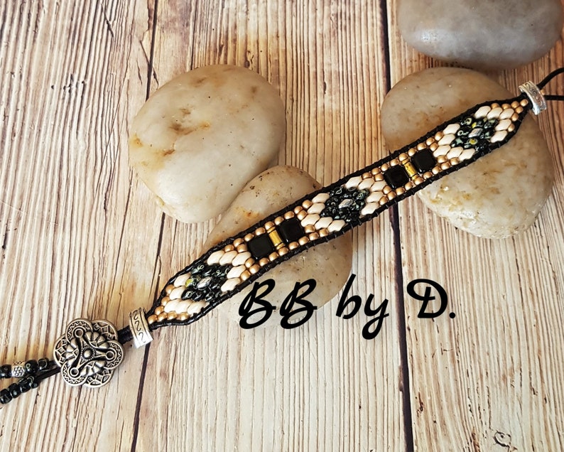 silver black picasso Superduo leather cuff bracelet Boho leather wrap black leather bracelet Gold bracelet wrap