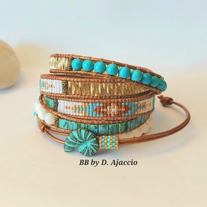 Bracelet wrap en perles de Nacre. Manchette Tila Miyuki turquoise, blanc, doré, style bohème pour femme. Boho Leather beaded Wrap Bracelet. image 7