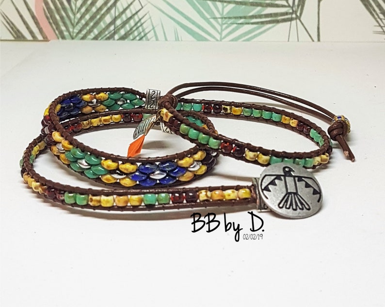 Cuff Bracelet in Picasso glass beads Bracelet Wrap Picasso leather Picasso SuperDuos and seed beads Boho leather wrap bracelet made in France