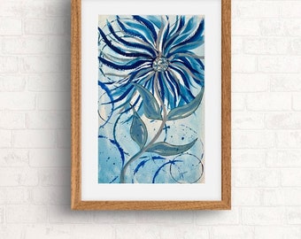 Abstract floral print, Blue Contemporary Art Prints, Graphic poster, Modern botanical, botanical geometric flower art, Matching wall art