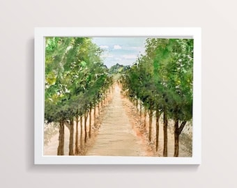 Vineyard painting, a Mountain watercolor print, landscape art of Sonoma California, Wine country artwork, travel painting