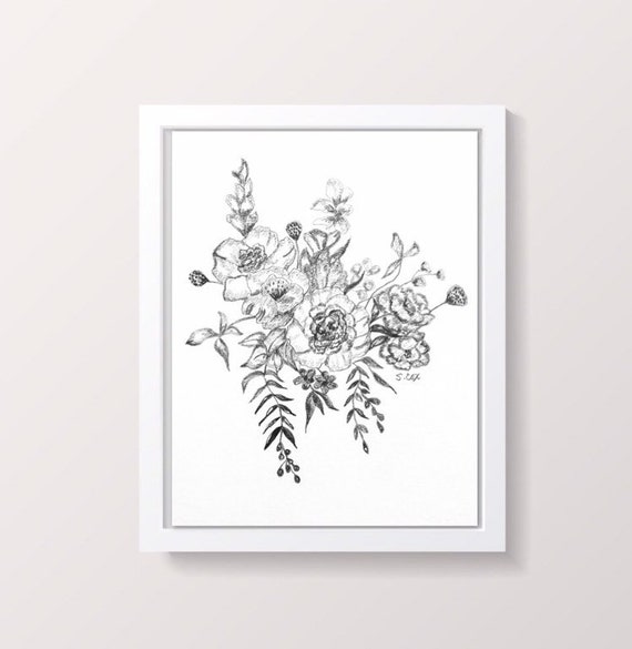 Botanical Drawing Flower Sketch Pencil Illustration Original Graphite Sketch Farmhouse Wall Art Cottage Chic Black And White Print
