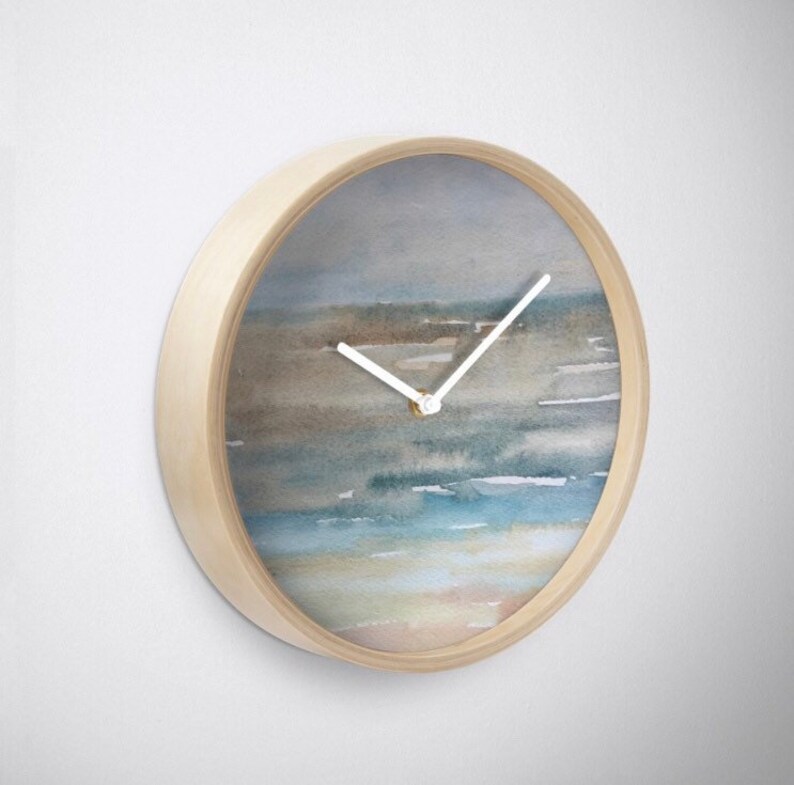 Coastal Wall Clock Beach Decor Decorative Watercolor Pastel Painted Abstract Seascape Gift Under 50