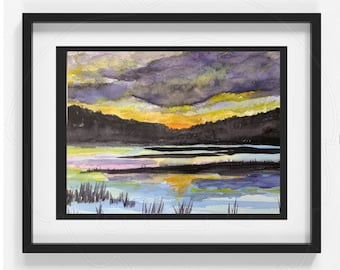 湖の夕日のアートワーク | 水彩風景画 | 空の鳥の壁飾り 9x12 インチ