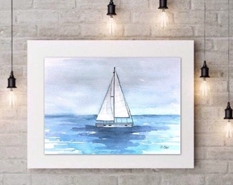 Sailboat Watercolor Print: Coastal Nursery Wall Art