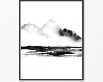 Mountain wall art, Abstract mountain print, watercolor landscape, monochromatic poster,abstract landscape, serenity wall decor