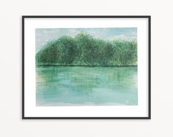 Serenity painting, watercolor Lake, Forrest landscape painting, Lake house decor, Original Tree art, nature art, Reflection art