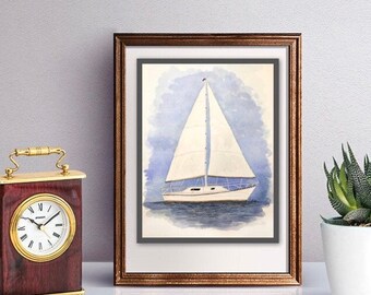 Sailboat painting, original watercolor boat, Boy Nursery art, Nautical decor, Coastal wall art, Boating art, boating gift, navy blue artwork