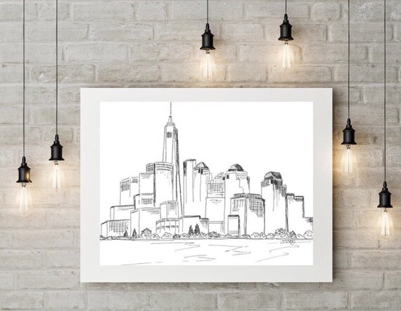 Ink Skyline Drawing New York Cityscape Print Minimalist | Etsy