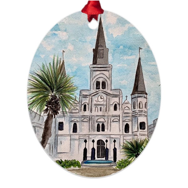 New Orleans Ornament, Saint Louis Cathedral, Metal Christmas ornament, Painted Jackson Square art, Louisiana keepsake ornament