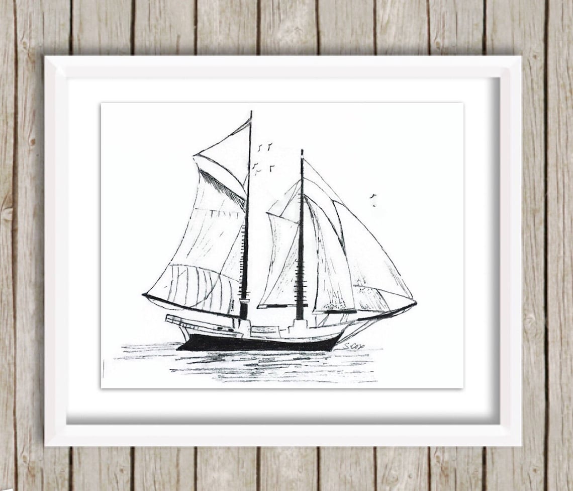 Sailboat Sketch Nautical Pen and Ink Drawing Boat Print Etsy