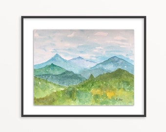 Watercolor Mountain print, Tennessee nature painting, landscape of the Blue Ridge mountains and forest, wall decor poster