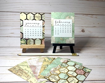 Small 2024 desk calendar, cute desk accessory, Map decor, MINI easel 2025 Calendar with stand, Coworker gift under 20, Rolling calendar