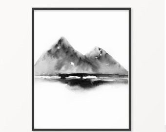 Mountain abstract print, minimalist artwork, watercolor landscape, impressionist painting, monochromatic art, large print, serenity poster